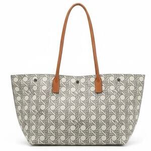Tory Burch Ever-Ready Zip Tote Bag Basketweave Geometric Large Shoulder Purse